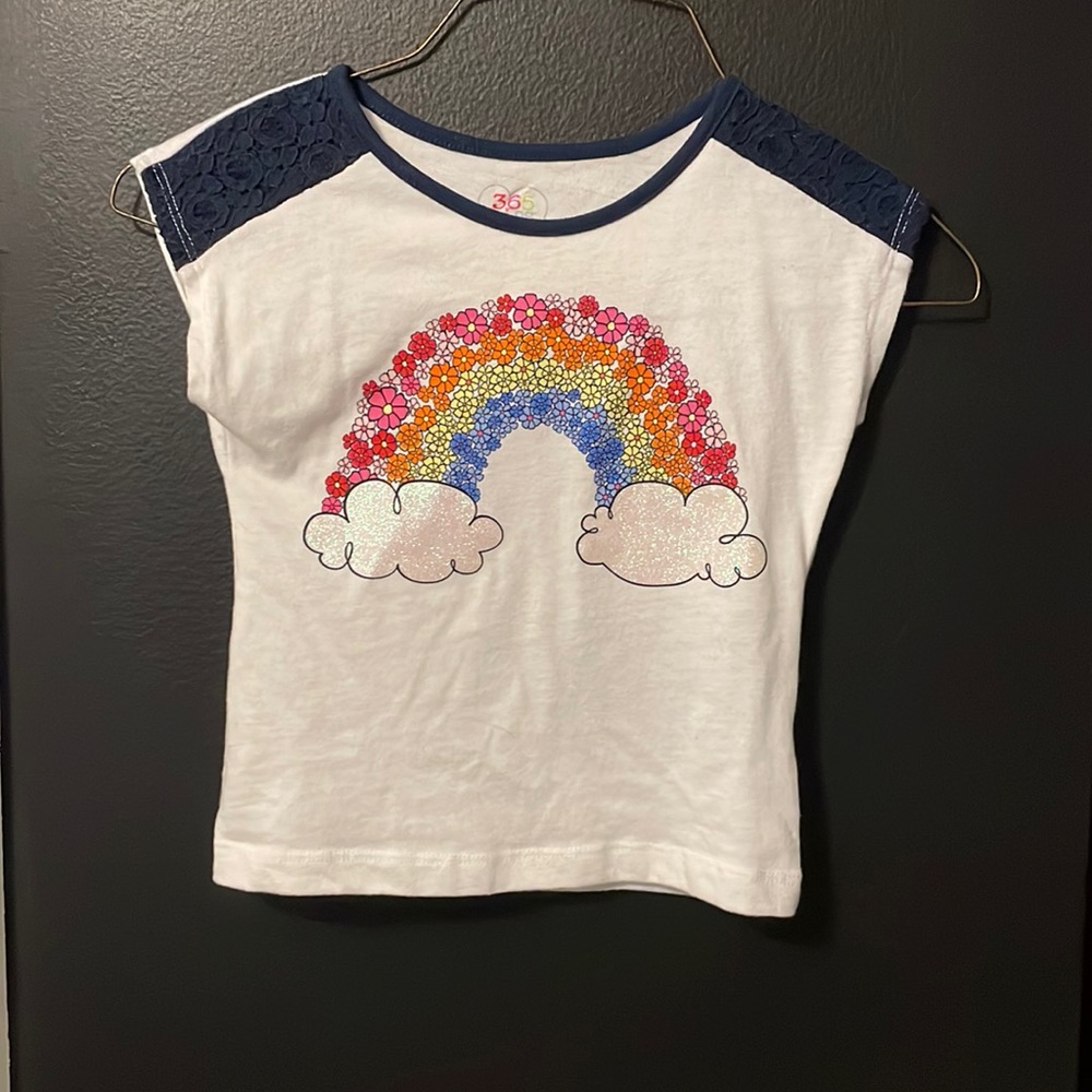 Girls rainbow shirt with lace shoulder